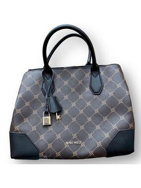 Nine West Brooklyn Jet Set Satchel Brown Black Logo Polyurethane Bag Purse Tote